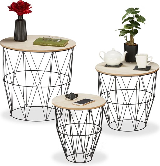 Relaxdays Bijzettafel set van 3 - metalen frame - salontafels - koffietafel - ronde tafels