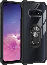 Voor Samsung Galaxy S10E schokbestendig transparant TPU + acryl beschermhoes met ringhouder (zilver zwart)