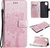 Voor Samsung Galaxy A12 Tree & Cat Pattern Pressed Printing Horizontale Flip PU Leather Case met houder & kaartsleuven & portemonnee & Lanyard (Rose goud)