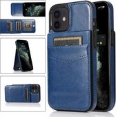 Effen kleur pc + TPU beschermhoes met houder en kaartsleuven voor iPhone 12 mini (blauw)