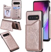 Voor Samsung Galaxy S10 5G bloem reliëf patroon schokbestendig beschermhoes met houder & kaartsleuven & fotolijst (rose goud)