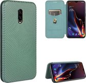 Voor OnePlus 6T Carbon Fiber Texture Magnetische Horizontale Flip TPU + PC + PU Leather Case met Card Slot (Groen)