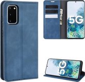 Voor Samsung Galaxy S20 FE 4G / 5G Retro-skin Business magnetische zuignap lederen tas met houder & kaartsleuven & portemonnee (donkerblauw)