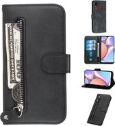 Voor Galaxy A10s Mode Kalfs Textuur Rits Horizontale Flip PU Lederen Case, met Houder & Kaartsleuven & Portemonnee (Zwart)