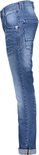 Zijkant van blauwe jeans met stone wash used look. Slim fit met rolzomen.