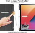 Demo van de ingebouwde Apple Pencil houder en verwijderingssleuf op een zwarte iPad-hoes.