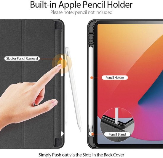 Demo van de ingebouwde Apple Pencil houder en verwijderingssleuf op een zwarte iPad-hoes.