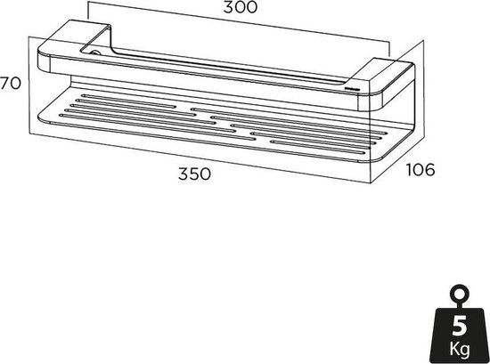 Dimensions d'une étagère de douche chromée avec nervures et indication de poids de 5 kg.