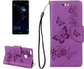 Voor Huawei P10 Lite Vlinders Embossing Horizontale Flip Leren Case met Houder & Kaartsleuven & Portemonnee & Lanyard (Paars)