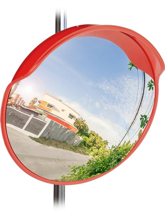 relaxdays miroir de circulation 60 cm - miroir industriel - miroir de sécurité rond - rouge