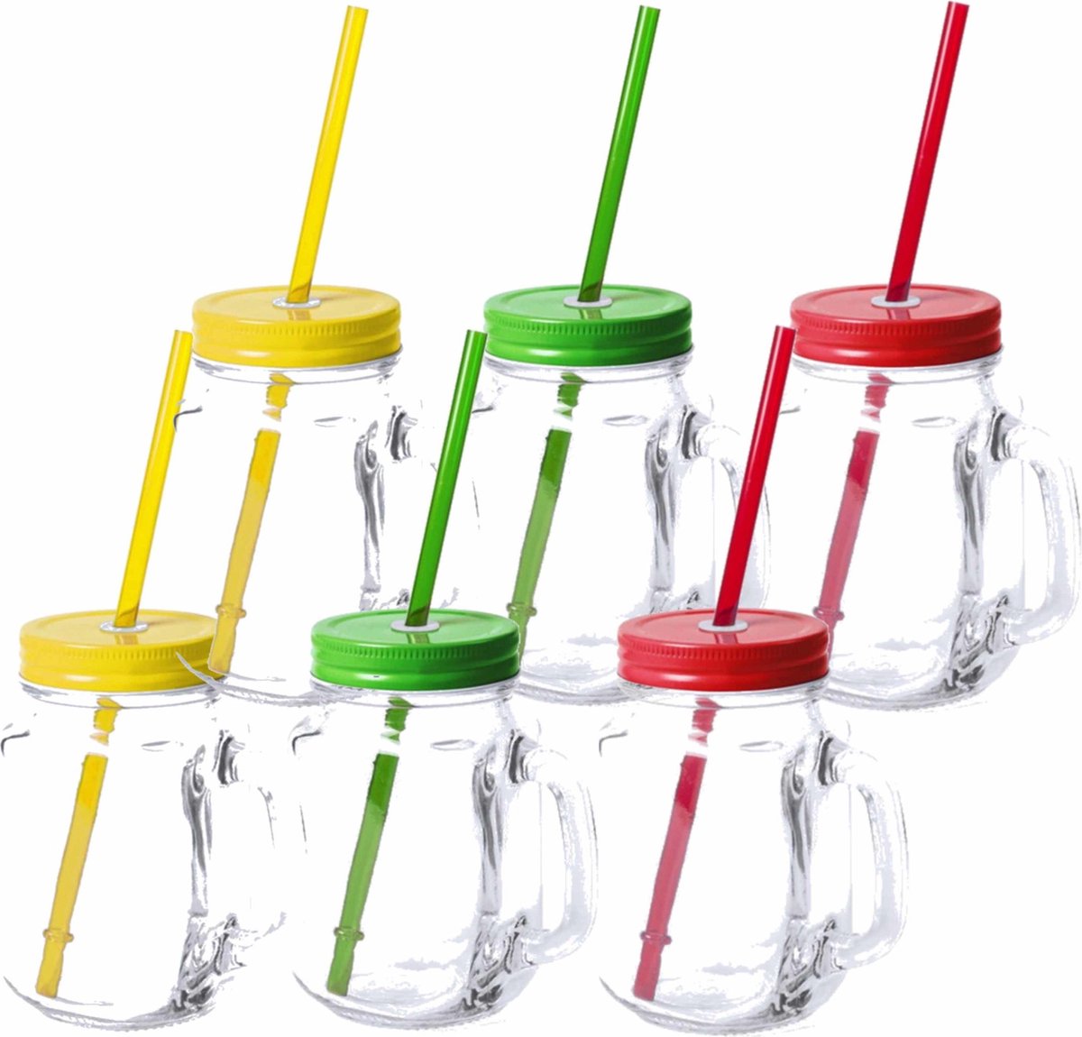 12x stuks Glazen Mason Jar drinkbekers met dop en rietje 500 ml - 4x geel/4x groen/4x rood - afsluitbaar/niet lekken/fruit shakes