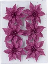 24x stuks decoratie bloemen rozen fuchsia roze glitter op clip 8 cm - Decoratiebloemen/kerstboomversiering/kerstversiering
