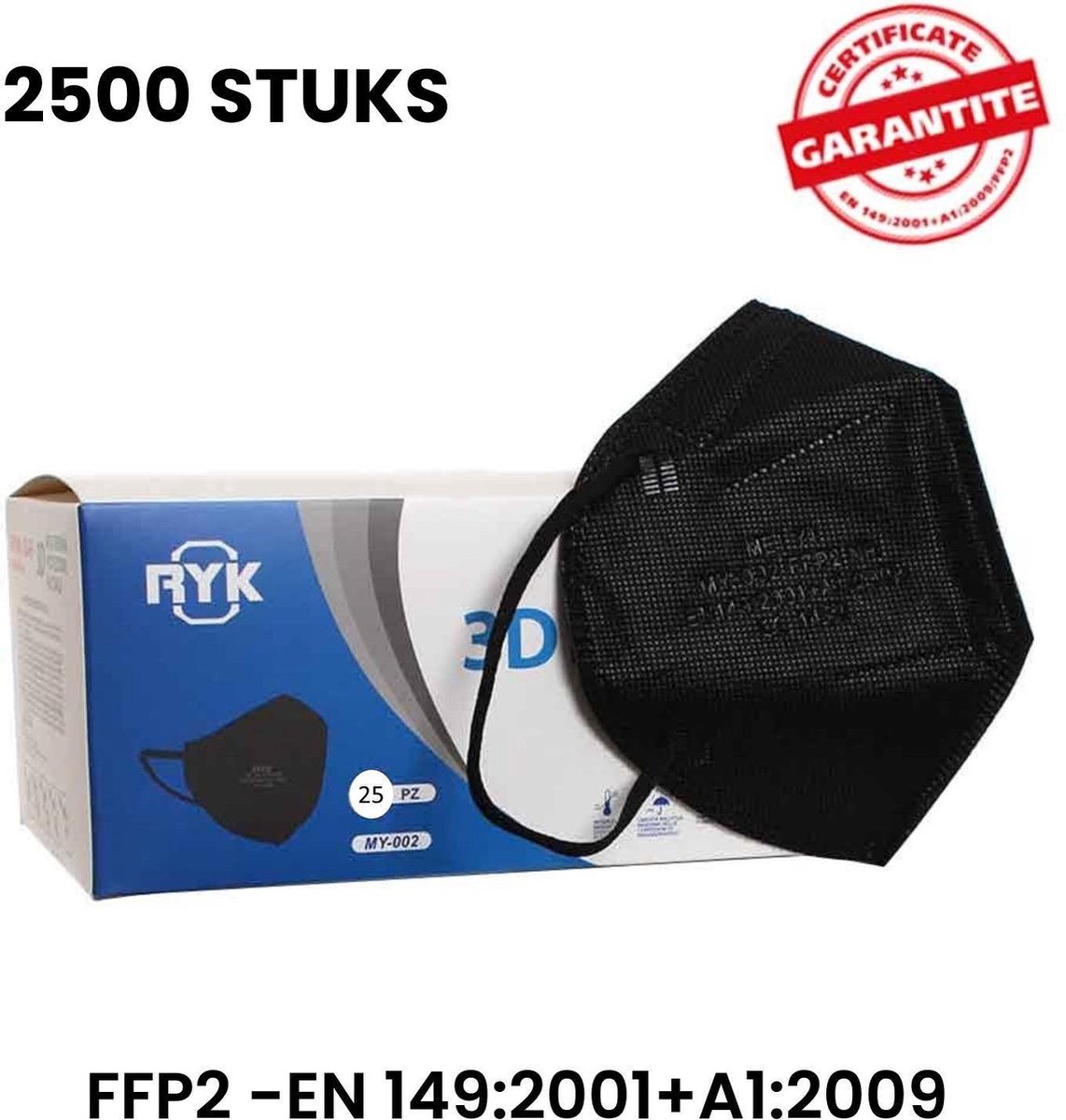 MEIYO FFP2 Zwart - gezichtsmasker - 2500 stuks, individueel verpakt | Hoge filtratie - 5 lagen | EN149 CE-gecertificeerd | Hypoallergeen | Vloeistofbestendig | Oorlussen en aanpasbare neusbrug