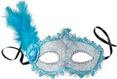 dressforfun - Venetiaans masker met zijdelingse veer blauw - verkleedkleding kostuum halloween verkleden feestkleding carnavalskleding carnaval feestkledij partykleding - 303551