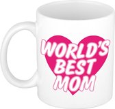 Worlds best mom mok / beker wit met roze hartje - cadeau Moederdag / verjaardag
