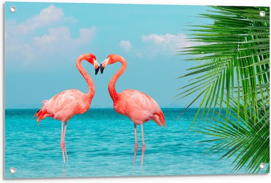 Tuinposter – Twee Liefdevolle felroze Flamingo's in het Water  - 90x60cm Foto op Tuinposter  (wanddecoratie voor buiten en binnen)