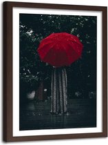 Foto in frame ,  Rode paraplu in de regen ,120x80cm , rood zwart , wanddecoratie