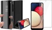Hoesje geschikt voor Samsung A02s en Screenprotector - Spiegel Book Case Cover Hoes Zwart + Screen Protector Glas