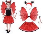 Heksen spinnen kostuum | Halloween | fee | Rood Zwart |  4 delen. rok, staf, haarband, vleugels | Feestje | Cadeau
