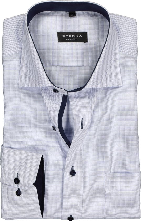 ETERNA comfort fit overhemd - structuur heren overhemd - lichtblauw met wit (donkerblauw contrast) - Strijkvrij - Boordmaat: 48