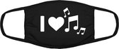 I love music mondkapje | muziek | ik hou van muziek | muzieknoten | instrumenten | dj | zanger | grappig | gezichtsmasker | bescherming | bedrukt | logo | Zwart mondmasker van kato