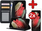 Samsung S21 Ultra Hoesje Book Case Met 2x Screenprotector - Samsung Galaxy S21 Ultra Hoesje Wallet Case Portemonnee Hoes Cover - Zwart