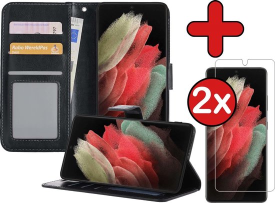 Foto: Hoesje geschikt voor samsung s21 ultra hoesje book case hoes portemonnee cover walletcase met 2x screenprotector hoes geschikt voor samsung galaxy s21 ultra hoes bookcase hoesje zwart