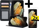 Samsung S21 Ultra Hoesje Book Case Met 2x Screenprotector - Samsung Galaxy S21 Ultra Case Wallet Hoesje Met 2x Screenprotector - Zwart