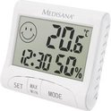 Witte Medisana thermometer met digitale weergave van 20.6°C, 12:30 en 50% luchtvochtigheid. Met smiley-icoon.