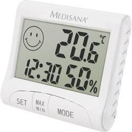Witte Medisana thermometer met digitale weergave van 20.6°C, 12:30 en 50% luchtvochtigheid. Met smiley-icoon.