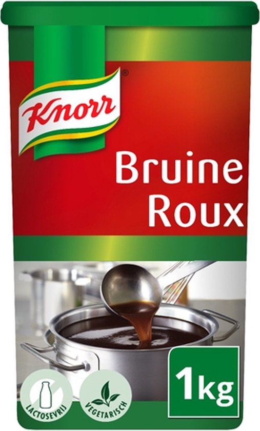 Knorr Sauce Brune Roux, paquet de 1kg avec logo et image de sauce brune dans une casserole.