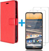 Nokia 1.3 - Bookcase Rood - portemonee hoesje met 2 stuks Glas Screen protector