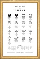 JUNIQE - Poster met houten lijst Sushi infographic -30x45 /Wit & Zwart