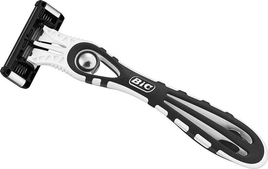 Bic Flex 5 scheermes, wit met zwarte grip en 5 zilveren bladen.