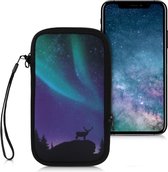 kwmobile hoesje voor smartphones L - 6,5" - hoes van Neopreen - Noorderlicht Hert design - turquoise / blauw / zwart - binnenmaat 16,5 x 8,9 cm