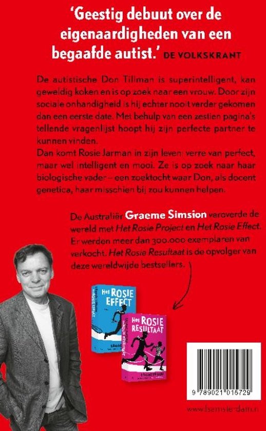 Achterkant van een boek met tekst en een foto van auteur Graeme Simson. Twee kleine boeken met de titel 'Het Rosie Project' en 'Het Rosie Resultaat'.