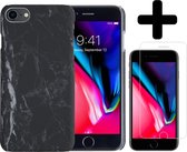 Hoes voor iPhone 7/8 Hoesje Marmer Case Zwart Hard Cover Met Screenprotector - Hoes voor iPhone 7/8 Case Marmer Hoesje Back Cover - Zwart