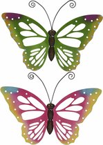 Set van 2x stuks tuindecoratie muur/wand/schutting vlinders van metaal in groen en roze tinten 51 x 38 cm