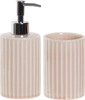 Badkamerset met zeeppompje en tandenborstel beker roze 18 cm - Navulbare zeep houder - Toilet/badkamer accessoires