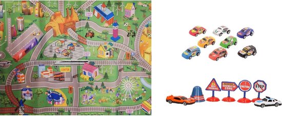Autospeelkleed treinbaan 80 x 120 cm inclusief speelgoed autootjes -  Speelkleed setje met autos - Merkloos