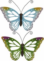 Set van 2x stuks tuindecoratie muur/wand/schutting vlinders van metaal in groen en  blauw tinten 51 x 38 cm