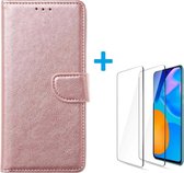 Bookcase Geschikt voor: Huawei P Smart 2021 - Rose Goud - portemonnee hoesje met 2 stuks Glas Screen protector