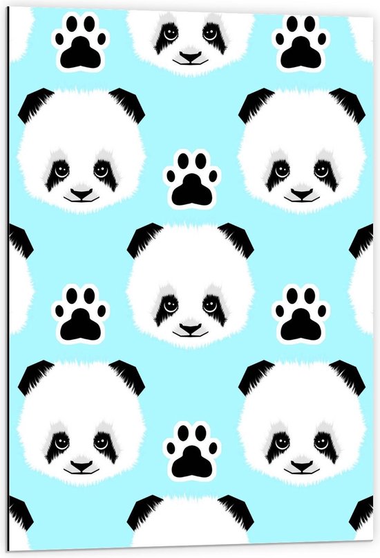 Dibond - Patroon van Panda Cartoons op Blauwe Achtergrond - 60x90cm Foto op Aluminium (Wanddecoratie van metaal)