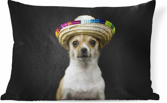 Sierkussens - Kussen - Hond met Mexicaans hoedje op zwarte achtergrond -  60x40 cm -... | bol.com