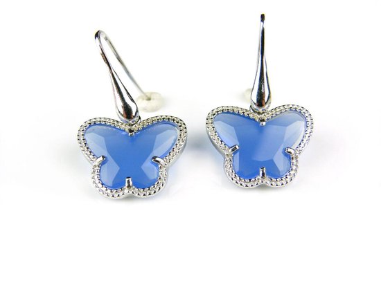 Zilveren oorringen oorbellen Model Vlinder gezet met blauwe steen