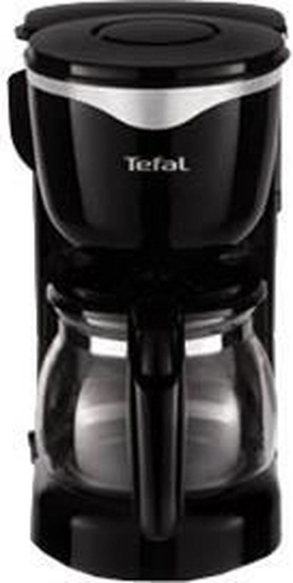 Cafetière Tefal noire avec verseuse en verre.
