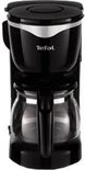 Cafetière Tefal noire avec verseuse en verre.