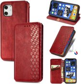 Voor iPhone 12 Pro Max Cubic Grid Pressed Horizontal Flip Magnetic PU Leather Case met houder & kaartsleuven & portemonnee (rood)