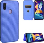 Voor Samsung Galaxy M11 Carbon Fiber Texture Magnetische Horizontale Flip TPU + PC + PU Leather Case met Rope & Card Slot (Blue)