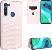 Voor Motorola Moto G8 Power (EU-versie) Koolstofvezel Textuur Magnetische Horizontale Flip TPU + PC + PU lederen tas met touw & kaartsleuf (roze)